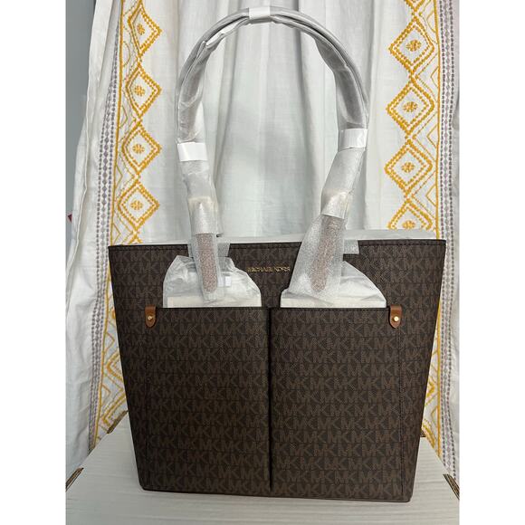 Michael Kors Womens Jet Set Travel Medium Double Pocket Tote Brown - Picture 1 of 6